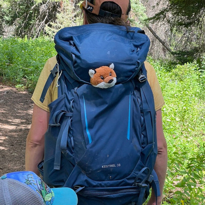 Person with a large blue backpack featuring a fox plushie, walking outdoors in a forested area.